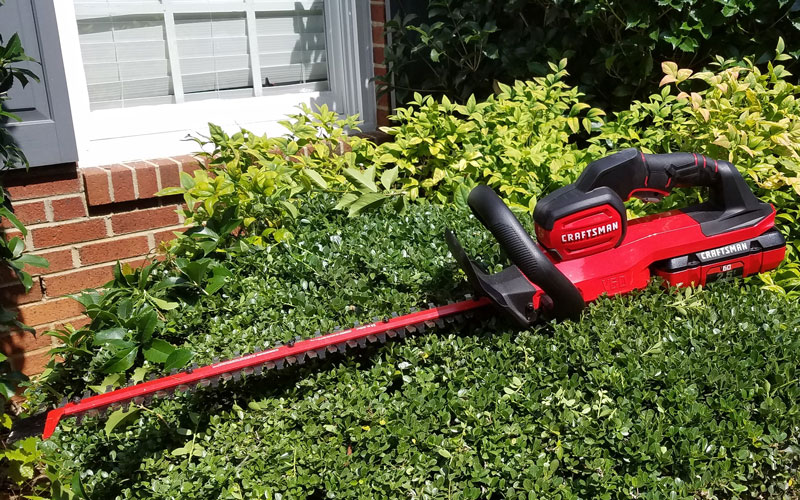 Craftsman 60V Hedge Trimmer on shrub