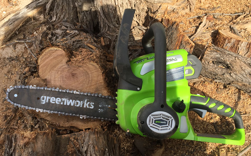 Greenworks Chainsaw cut through large log