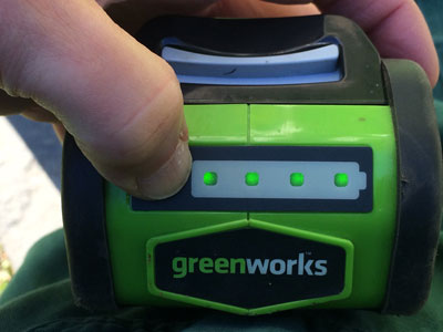 Greenworks 40V G-Max Cordless Hedge Trimmer battery buttons