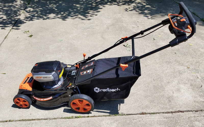 Redback mower with bag attached