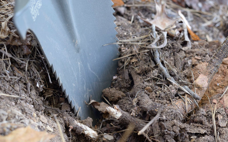 Radius Root Slayer Shovel slicing through roots