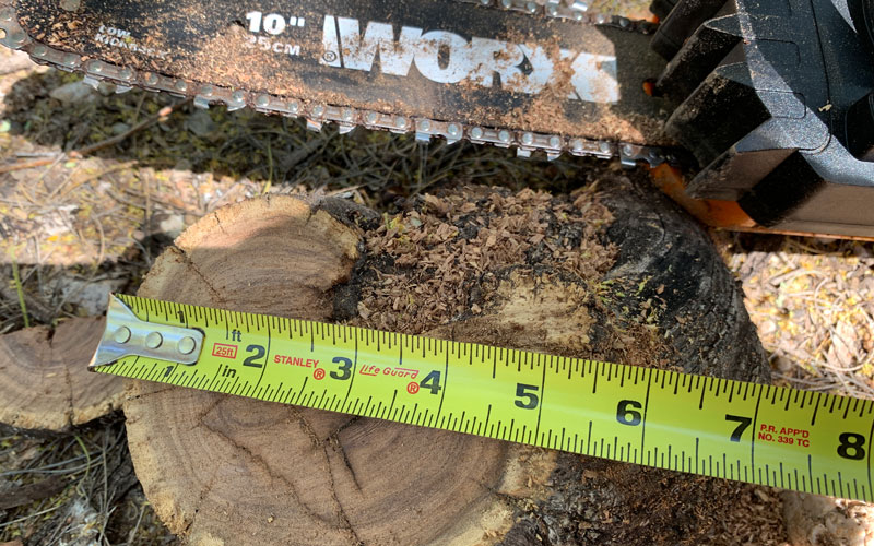 WORX-Cordless-Pole-Chainsaw-cutting-through-stump