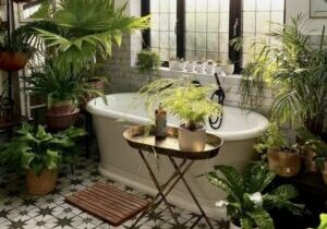 bathroom with lots of plants in it