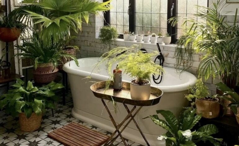 bathroom with lots of plants in it