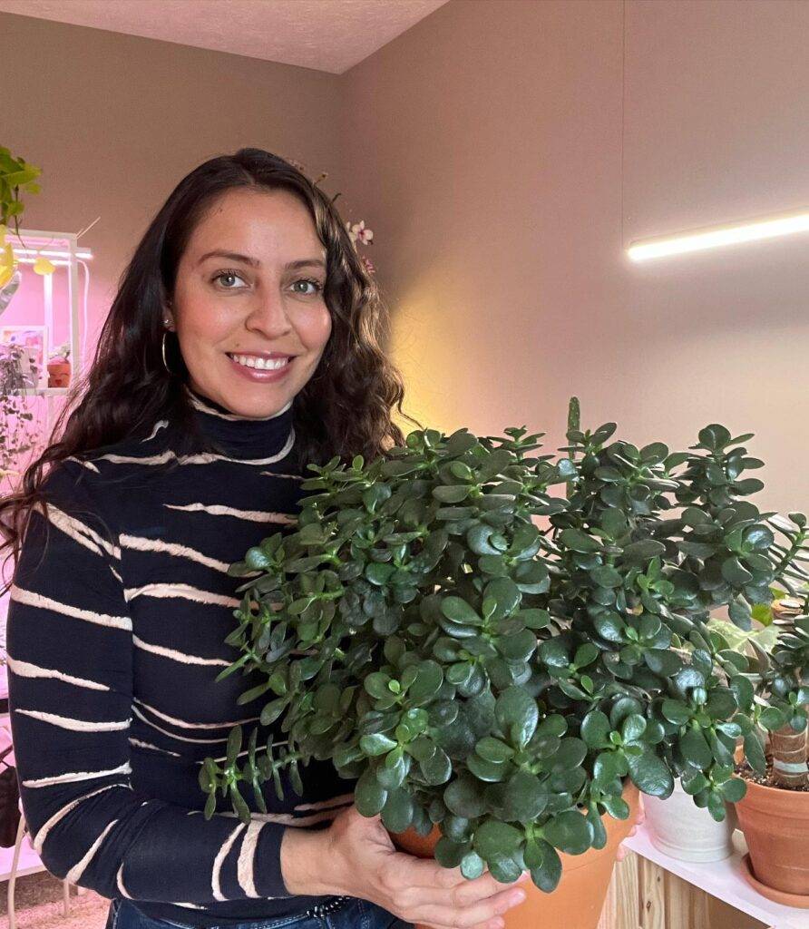 woman holding a jade plant in a plant pot