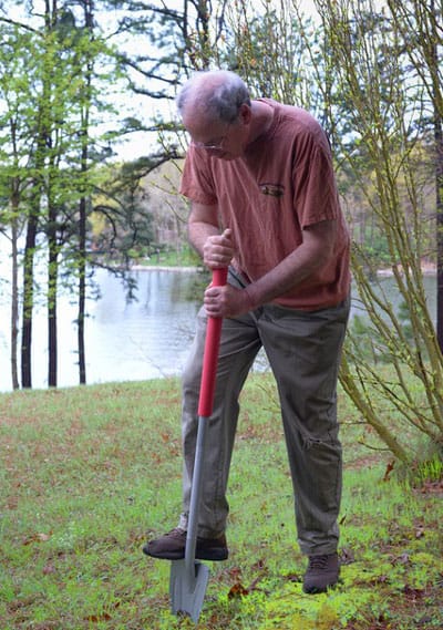 long-handled Root Assassin shovel in use